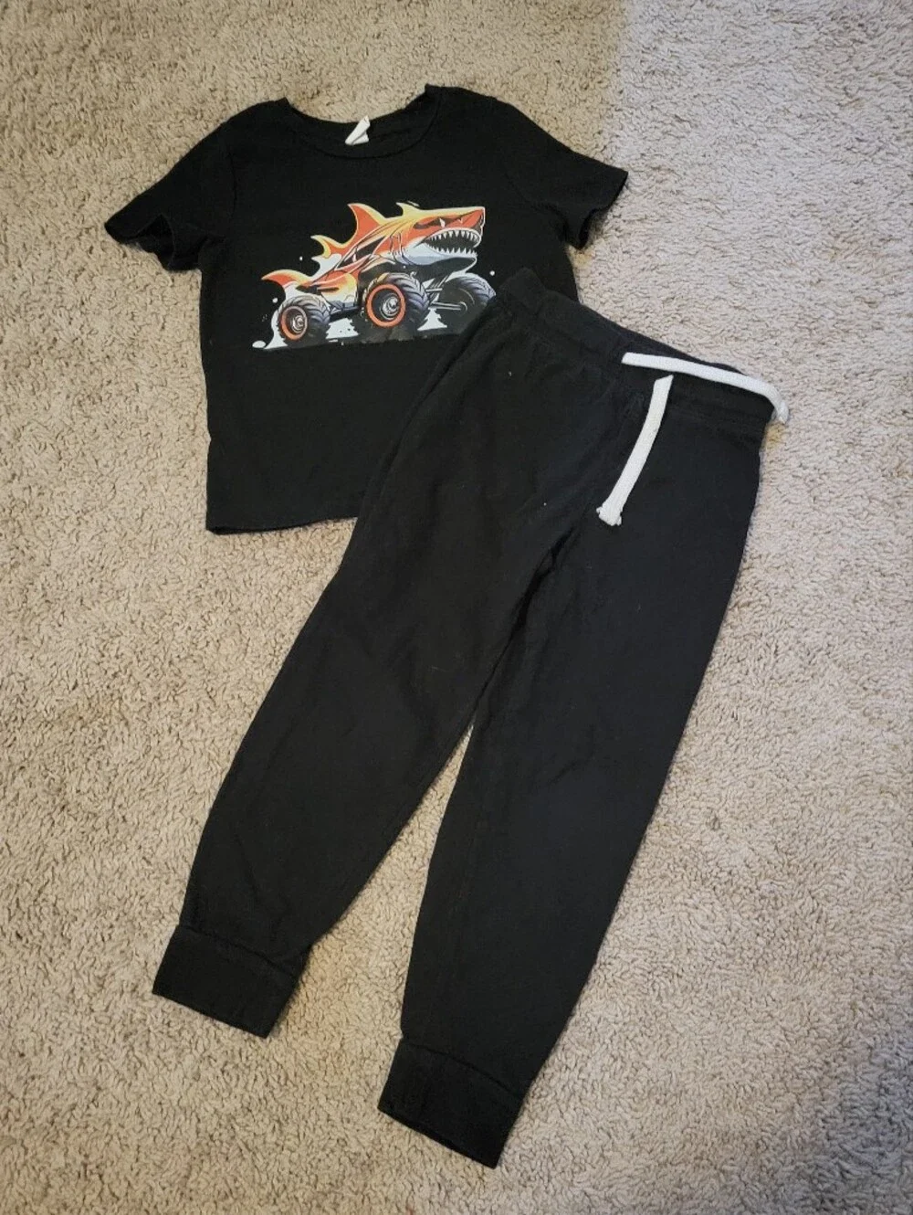 Old Navy Black Kids Sweatpant Set with Shark Monster Truck Graphic